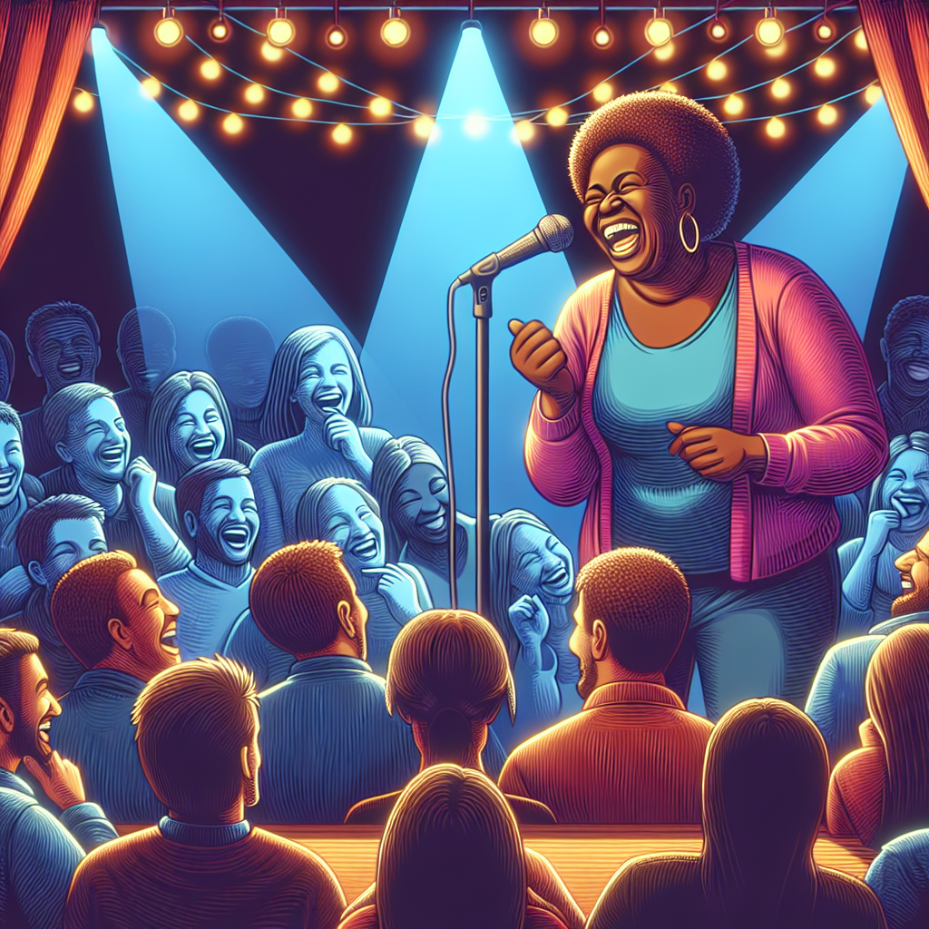 A vibrant, humorous scene featuring a comedian performing a stand-up routine with a lively audience, capturing the essence of oneliners.